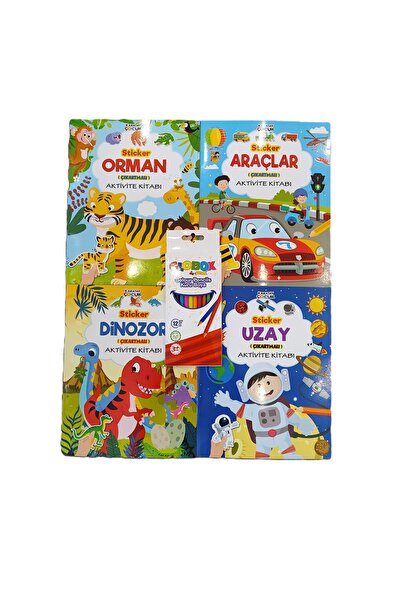 4 adet erkek çocuk çıkartmalı aktivite kitabı ve 12 li kuruboya kalemi YC9516554