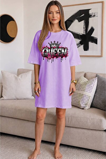 JANTIL MODA Crew Neck Crown Detail "Queen" Written Extra Long Oversize Tunic ...