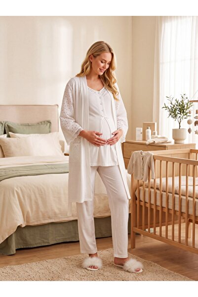 Lohussa New Season Ecru Fisto Linen Detailed 100% Cotton Maternity Pajama Set...