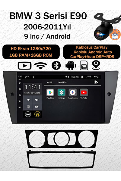 SBAİD BMW 3 Serisi E90 2006-2011 Uyumlu Android Navigasyon Multimedya 9 İnç Ekran 1GB RAM 16GB Hafıza Kablosuz CarPlay Android Auto Bluetooth WiFi GPS Geri Görüş Kameralı