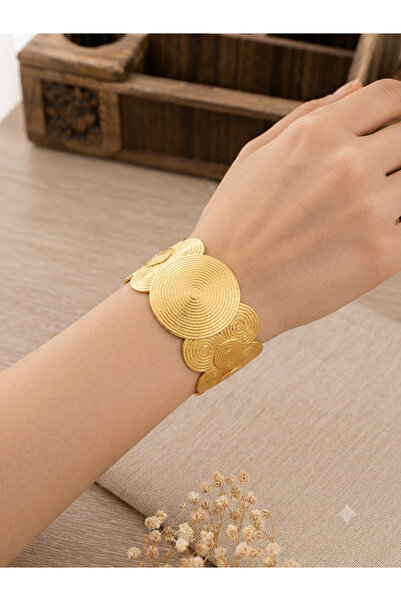 Bymiel Women's Gold Color Big Round Plate Detailed Authentic Steel Bracelet