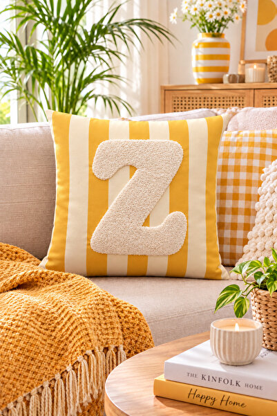 Pilloveland Punch Embroidered Throw Pillow Cover - 43*43 cm - Yellow Letter Z...