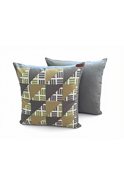 Gri Yeşil Üçgen Patchwork Desenli Dekoratif Yastık Kılıfı