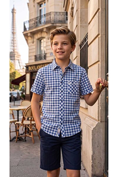 Louis Fabel Modelli Checkered Trend Cotton-Linen Blend Short Sleeve Children'...