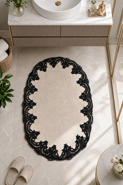 Teksev Mink Embroidered Non-Slip Leather Based Oval Bath Mat Lace-Up Washable...