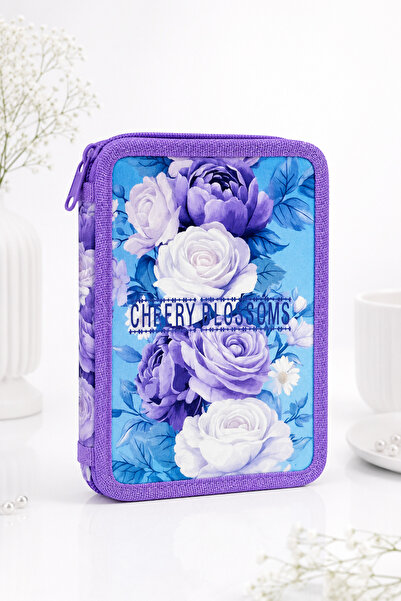 Generic Brand Penar Dublu Echipat Premium Lila cu Model Floral, Creioane Colo...