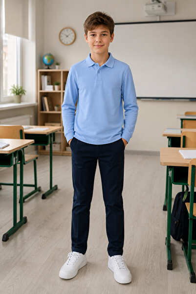 QKK Children's Unisex Light Blue Long Sleeve Polo Collar School T-Shirt 100% ...