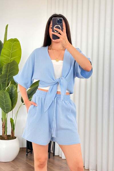 Clothes Fast Women's Baby Blue Muslin Front-Tie Crop Kimono with Half Sleeves...