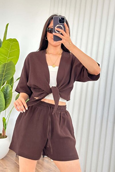Clothes Fast Women's Brown Muslin Textured Pocketed Elastic Waist Lace-Up Sho...