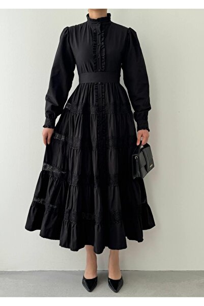 Moda Days Women's Black Midi Dress with Stand Collar, Ruffle Detail, Belted, ...