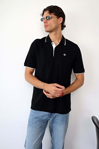 JB John Borners Men's Polo Collar Lily Embroidered 100% Cotton T-Shirt Black ...