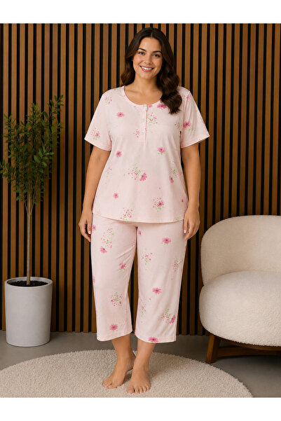 BALİS PİJAMA Women's Patterned Cotton Plus Size Button-Down Collar Capri Paja...