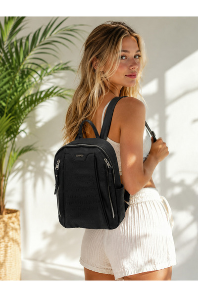 Just Polo Women's Black Embossed Patterned Multi-Compartment Backpack Daily U...