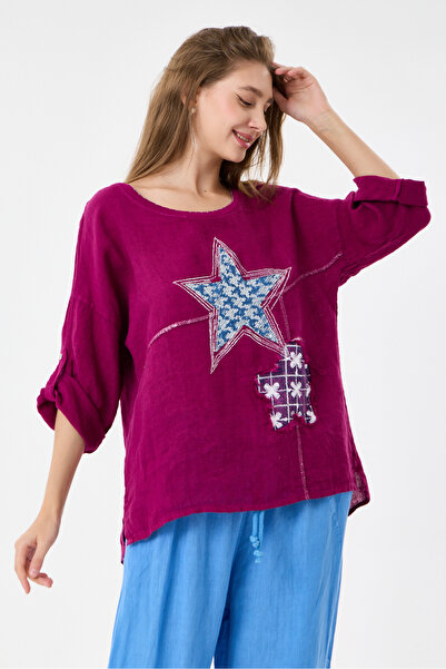 della moor Cherry Italian 100% Linen Star and Flower Pattern Patched Foldable...