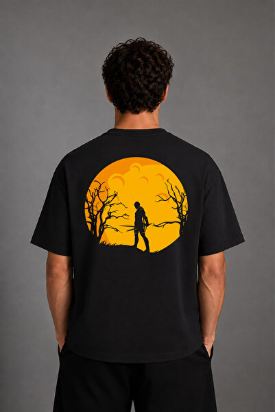 VSRN Tricou oversize negru cu imprimeu pe spate Warrior Sunset Design