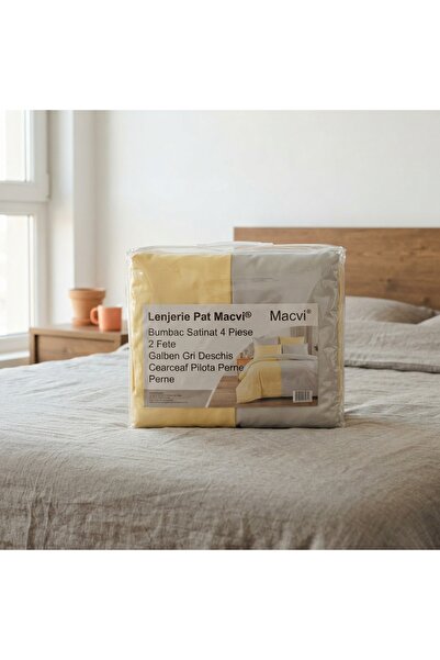 DeaL Set lenjerie de pat din bumbac satinat, 4 piese, galben și gri 🛏️ ✨