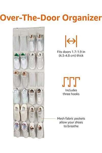 Amazon basics 24 Medium Pocket Over-the-Door Hanging Shoe Organizer, Light Grey