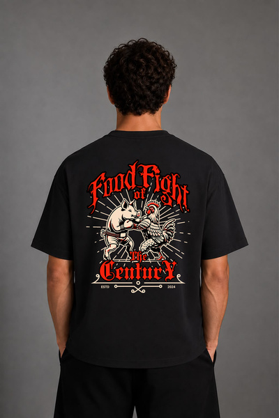 VSRN Tricou oversize negru cu imprimeu pe spate, design lupta porcilor și coc...