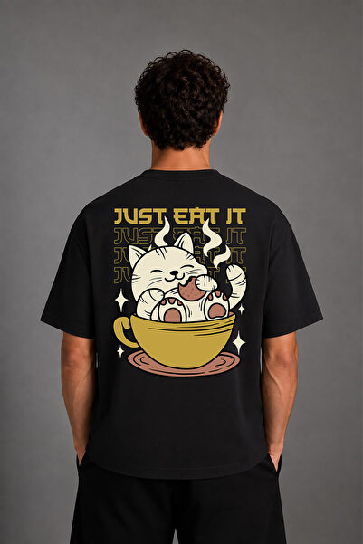 VSRN Tricou negru oversize cu imprimeu pe spate Just Eat It Design
