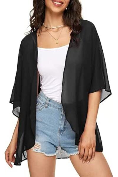 Indian's Women's Solid Puff Sleeve Kimono Cardigan Loose Cover Up Casual Blou...