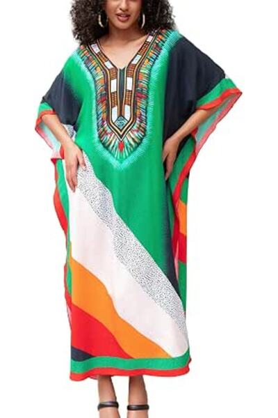 YouKD Maxi Dress V-neck Kaftan Boho Beach Bikini Cover Up Robe Plus Size Loun...