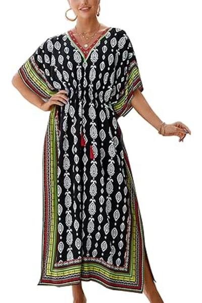 YouKD Maxi Dress V-neck Kaftan Boho Beach Bikini Cover Up Robe Plus Size Loun...