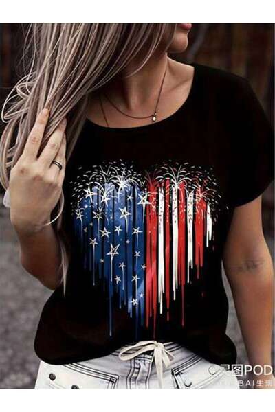 23ERVA Casual, Women's T-Shirt, American Flag Fireworks Design, Summer Celebr...