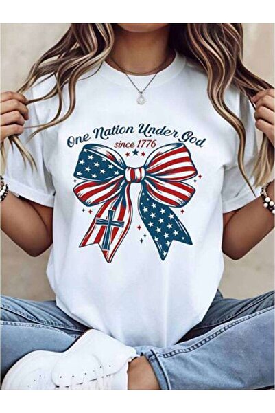 23ERVA Casual Style, Women's T-Shirt, American Flag Bow With Cross And Text O...