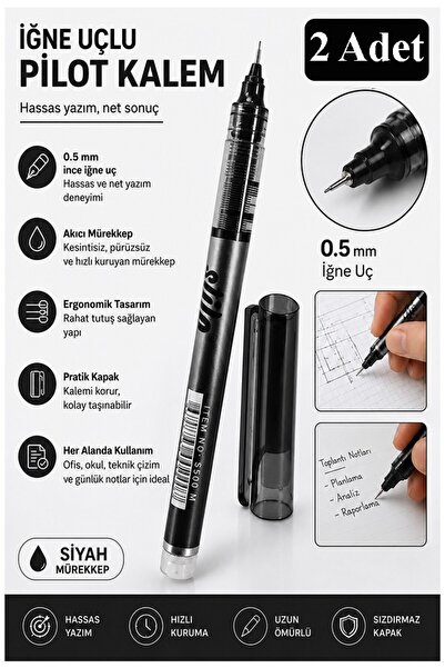 Artlantis Siyah Pilot Kalem İğne Uçlu 2 Adet Stilo Pilot Kalem 0.5mm İnce Uçl...