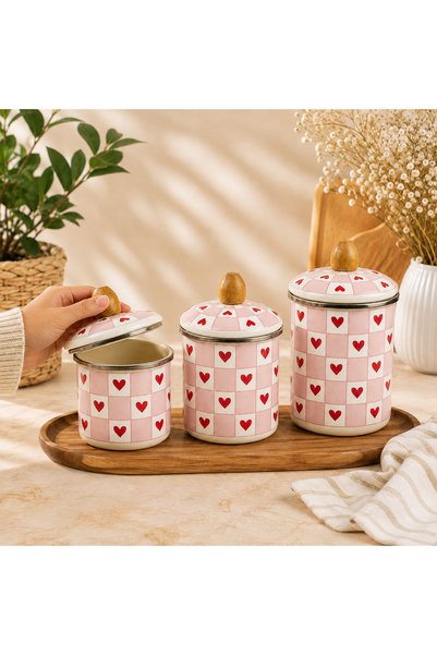 Generic Brand 3-Piece Enamel Jar Set with Wooden Lid – Heart Patterned Kitchen Storage Container (10-12-15 cm)