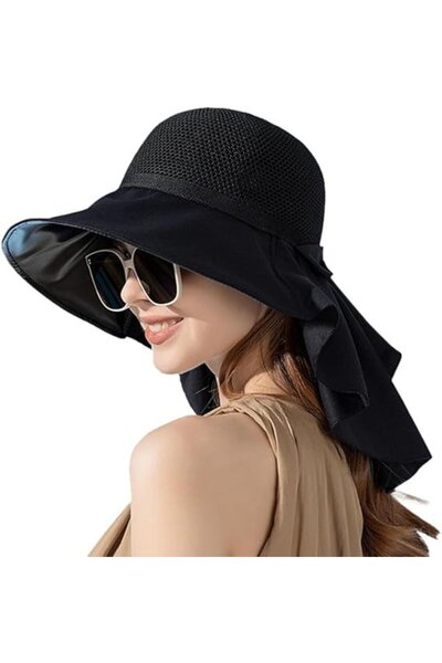 STARSTAR Women's sun hat black foldable wide brim neck cover UV.