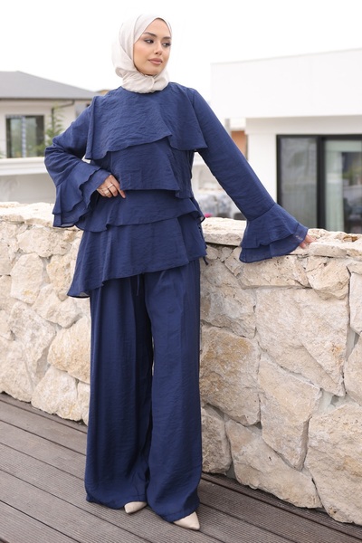 İmajButik Navy Blue Layered Tunic and Trousers Set