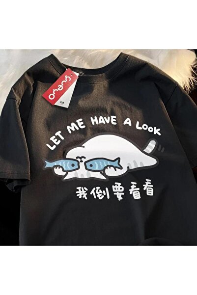 DEEFWEAR Mi̇ngalondon Minimalist Cat Printed Black Unisex Oversize T-Shirt