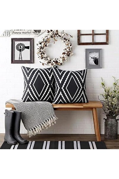 Tazweeq Set of 2 Black Pillow Covers 18 x 18 inches, Boho Polyester Blend Squ...