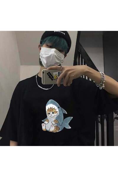 DEEFWEAR Mi̇ngalondon Shark Cat Black Unisex Oversize T-Shirt