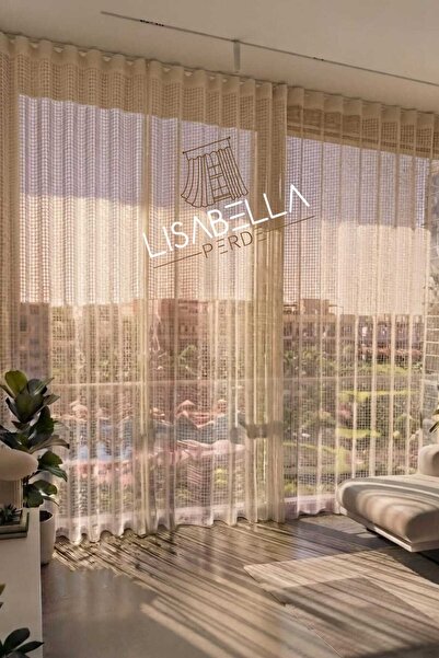LisabellaHome Thin Mesh Loren Beige Color Tulle Curtain 1X3 with Tight Pleats Modern and Elegant Appearance