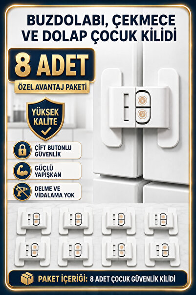 8 Adet Buzdolabı Çekmece Dolap Kapağı Çocuk Güvenlik Kilidi Çift Butonlu Yapışkanlı