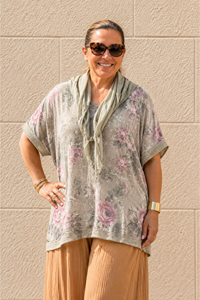 AGORATEKSTİL Women's Original Italian Scarf Floral Patterned Blouse with Sequ...