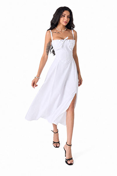 Asfaha Fashion Women's Corset Lace-Up Detailed Slit Midi Dress