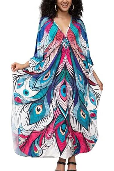 YouKD Women's Pirnt Floral Long Kaftan Maxi Dress Pluse Size Bikini Beach Cov...