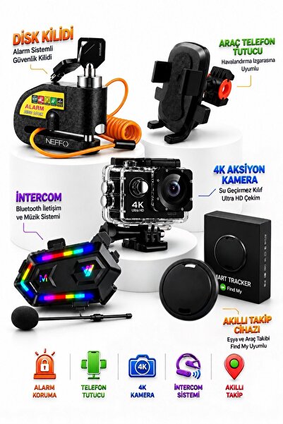 NEFFO Motosiklet Aksesuar Seti Disk Kilidi V20 Intercom 4K Aksiyon Kamera Tel...