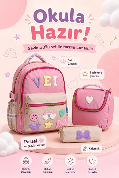 Gigi Luxe З'lü İlkokul Su Geçirmez Kumaş Çanta Seti Kız Çocuk Sırt Çantası + ...