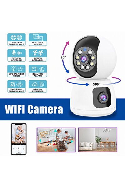 Generic Brand Cameră de supraveghere WiFi Dual Lens, Baby Monitor,rotație 360°, vedere nocturnă, detectare mișcare, audio bidirecțional, alerte în timp real,alarma, securitate PTZ ,suport card MicroSD, Alb