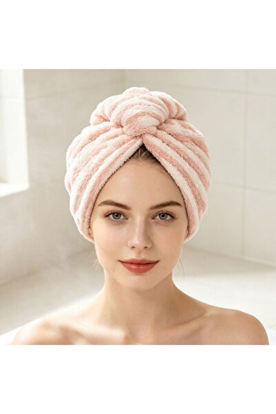 KMT Turban uscat păr coral flausat cu dungi orizontale, model triunghiular ul...