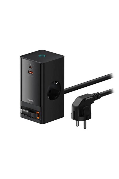 Baseus GaN3 Pro 65W Încărcător multiplu, 2 prize AC, USB-C, USB, 1.5m, Negru