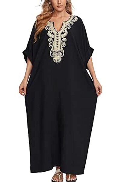 YouKD Embroidered Floral Kaftan Bohemian Beach Dress Bikini Coverups Long Bat...