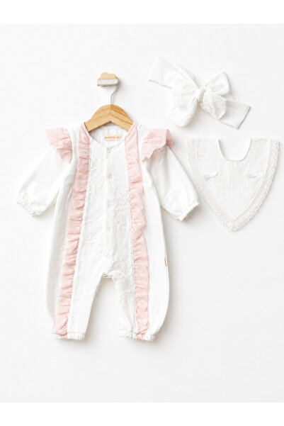 LİLİYUM Baby Girl Muslin Ruffle Lace Detailed 3-Piece Romper Set