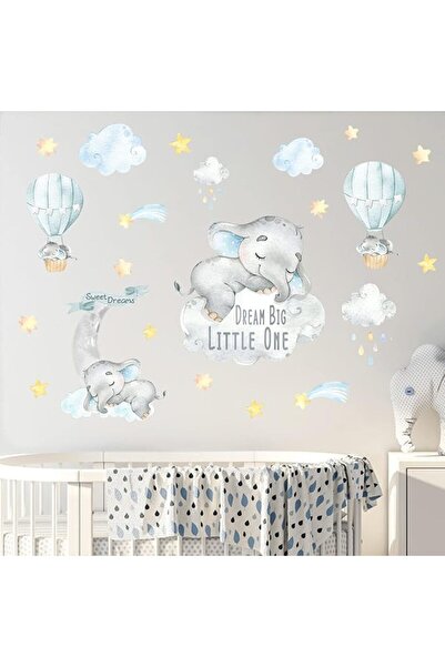 EXCEFORE Blue Watercolor Elephant Wall Decals, Sweet Dream Sticker with Moon ...
