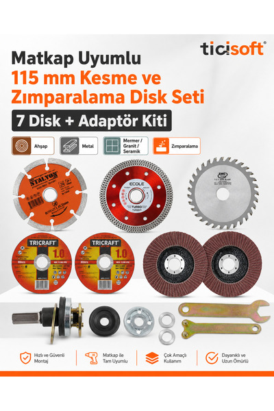 Ticisoft Matkap Uyumlu 115 mm Kesme ve Zımparalama Disk Seti 7 Disk + Daire T...