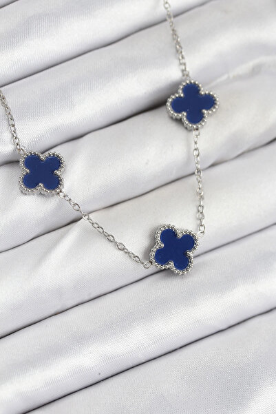 SORA GROUP 316L Steel Chain Silver Navy Color Clover Women's Necklace